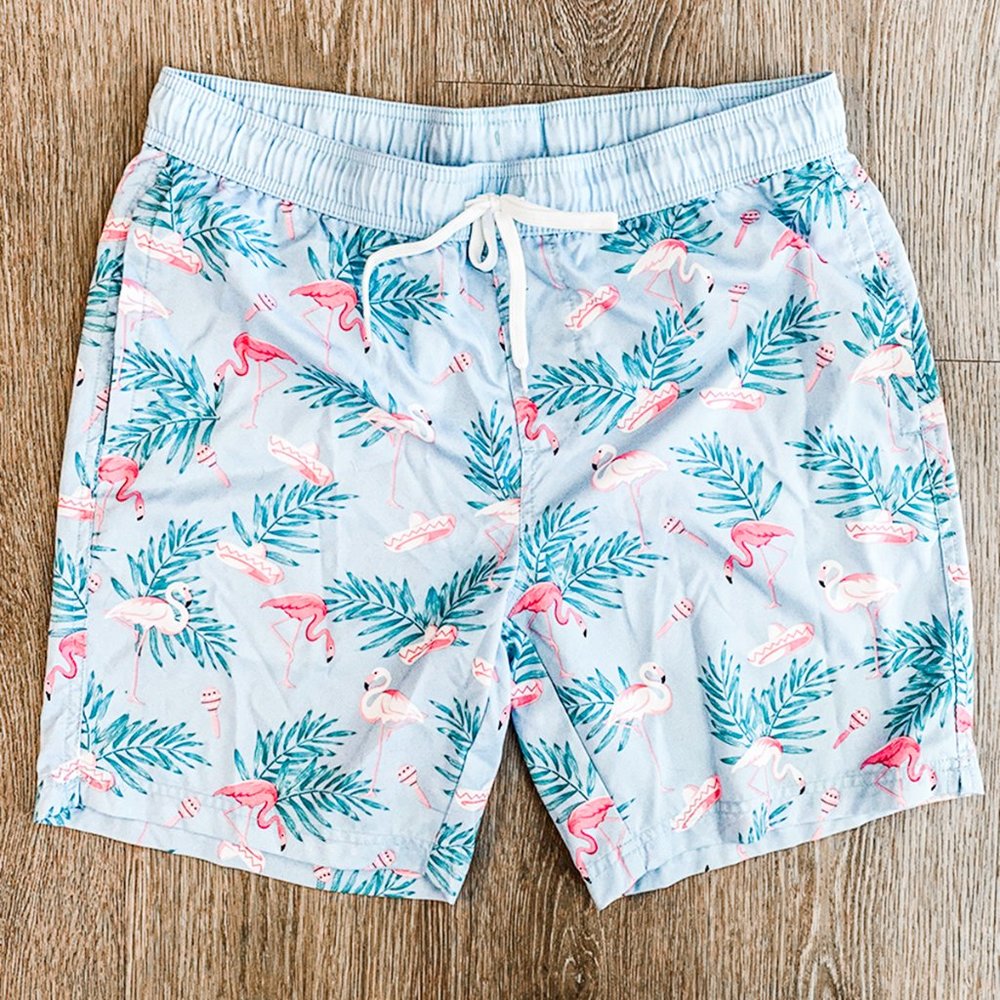 Carbon Men’s Pink & Blue Flamingo Board Shorts, Swim Trunks, Medium